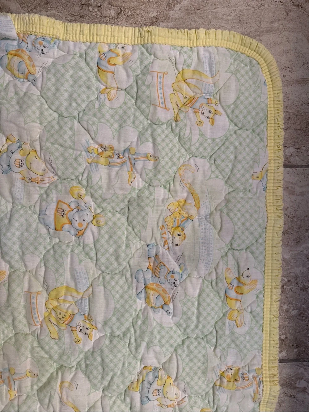 Vintage 1978 Dundee Mills Yellow Baby Quilted Crib Blanket with Animal Print